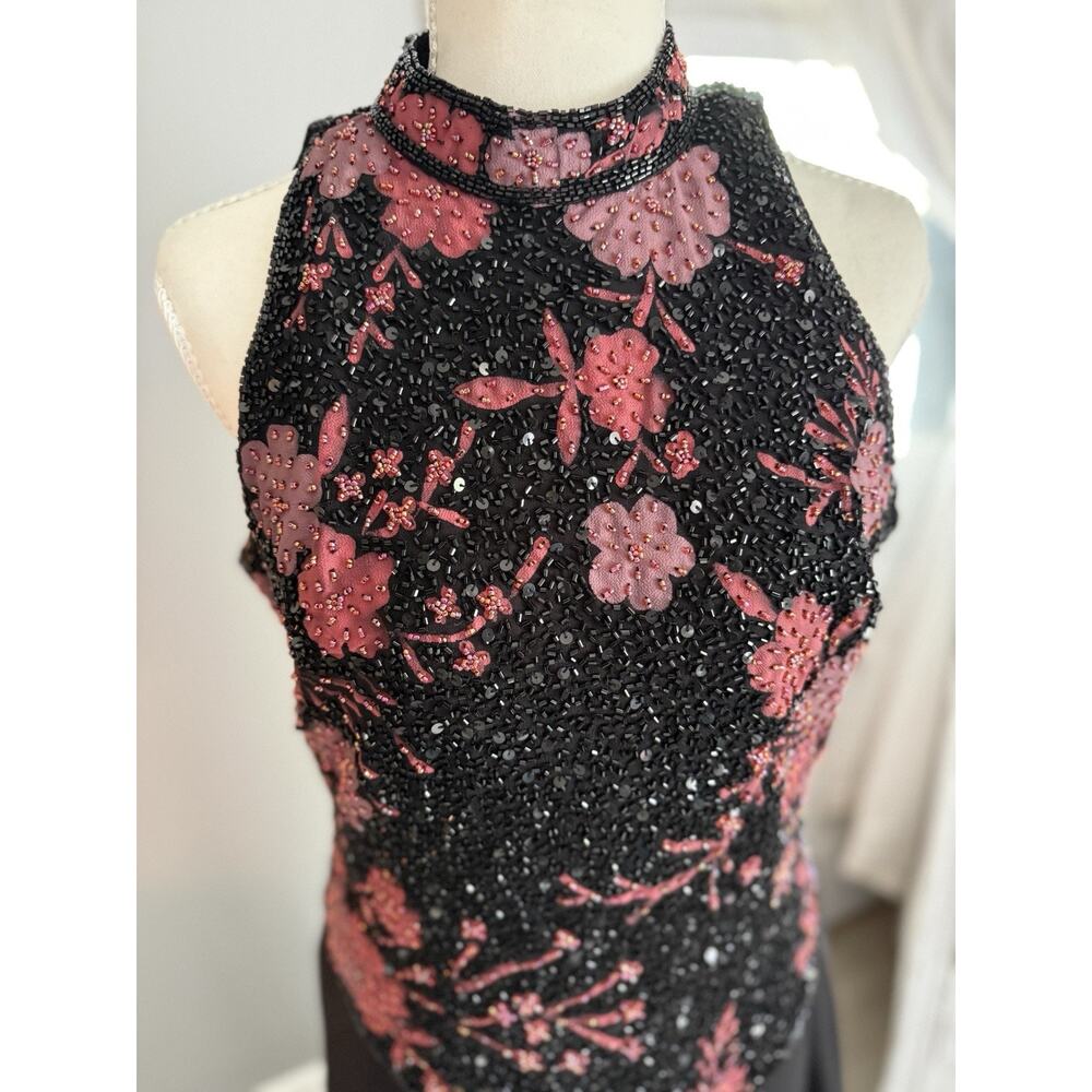 Chadwicks Formal Long halter, Black Red floral Beaded prom Formal Dress 8